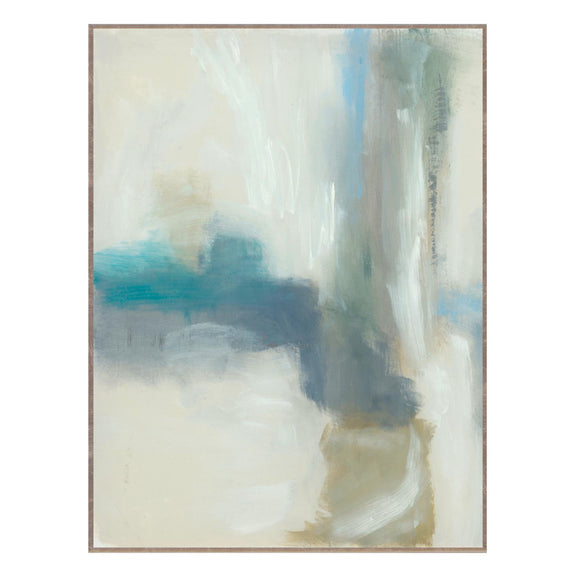 Framed abstract wall painting with blue and white brushstrokes on beige canvas