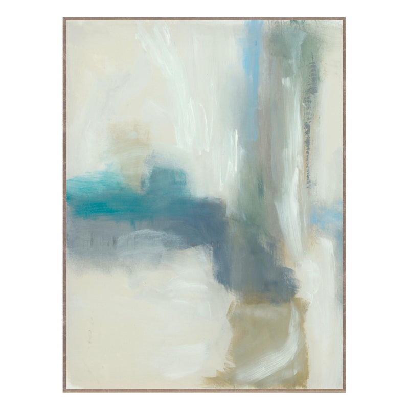 Framed abstract wall painting with blue and white brushstrokes on beige canvas