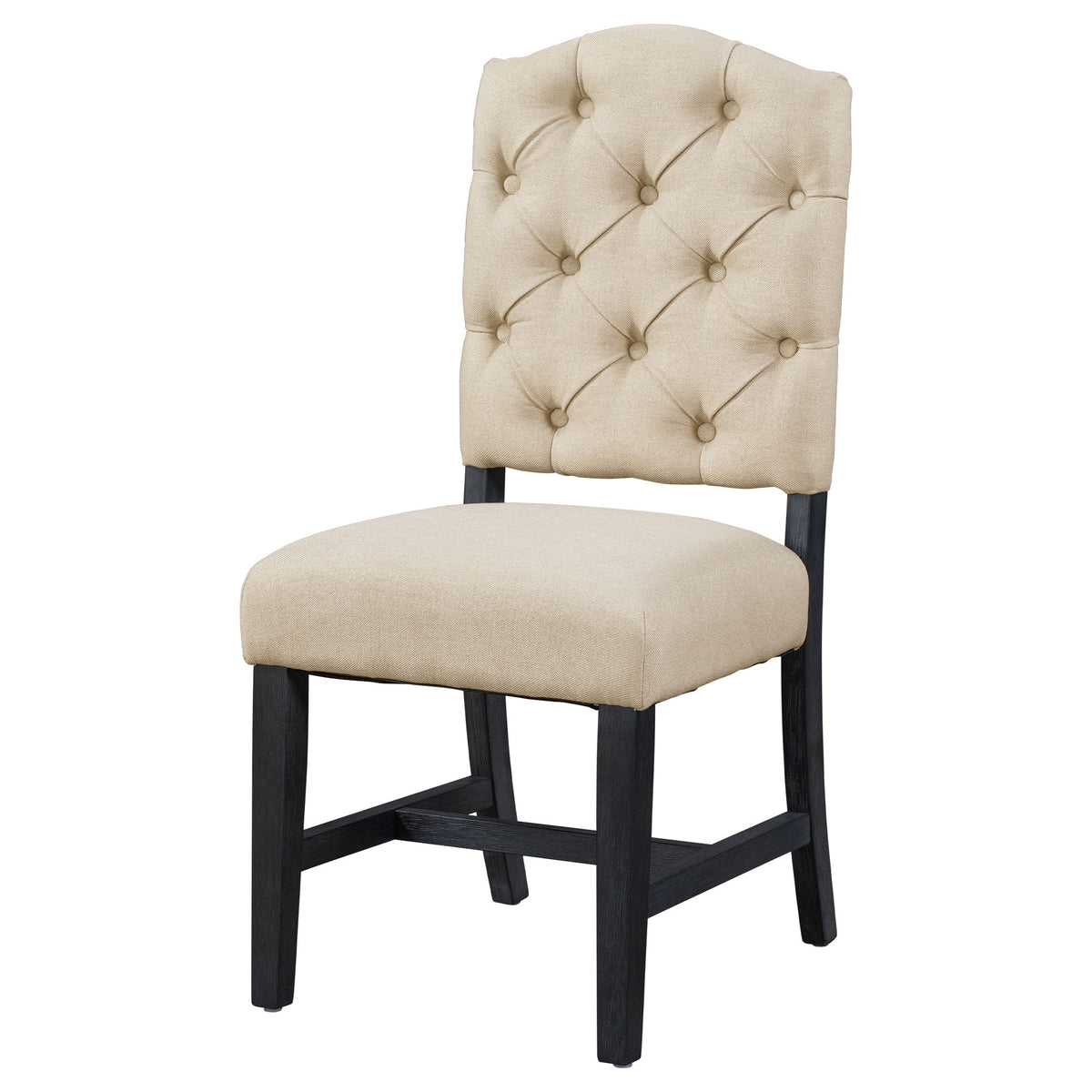 Beige upholstered dining chair with button-tufted back and padded seat, dark legs