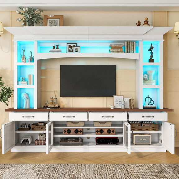 White TV stand with blue LED shelves and open media bays, drawers, and cabinet doors