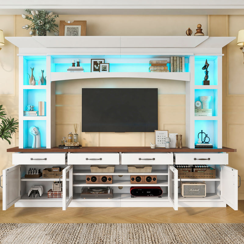 White TV stand with blue LED shelves and open media bays, drawers, and cabinet doors