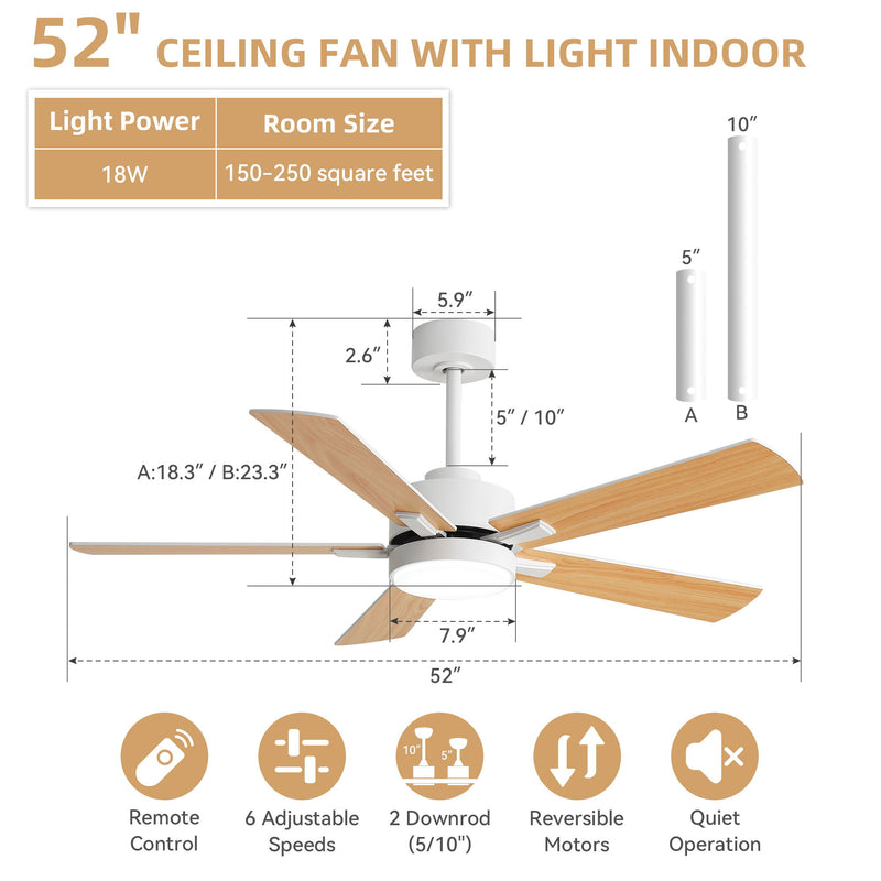White ceiling fan with integrated light and reversible light wood-tone blades