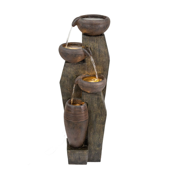 Four-tier outdoor water fountain with cascading brown bowls and warm LED lights