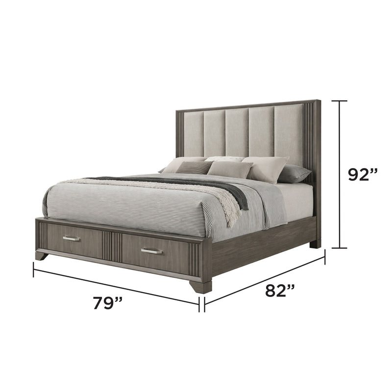 Dark gray storage bed side view with upholstered headboard and dimensions 79 in x 82 in x 92 in