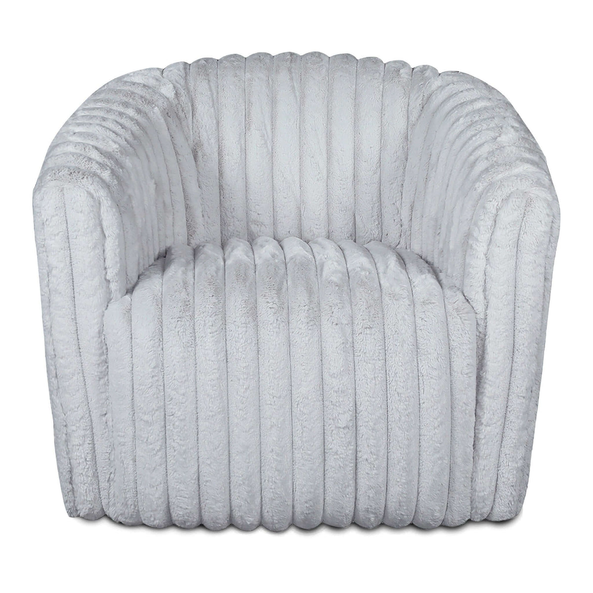 White textured swivel chair with rounded arms, channel tufting, and cushioned seat