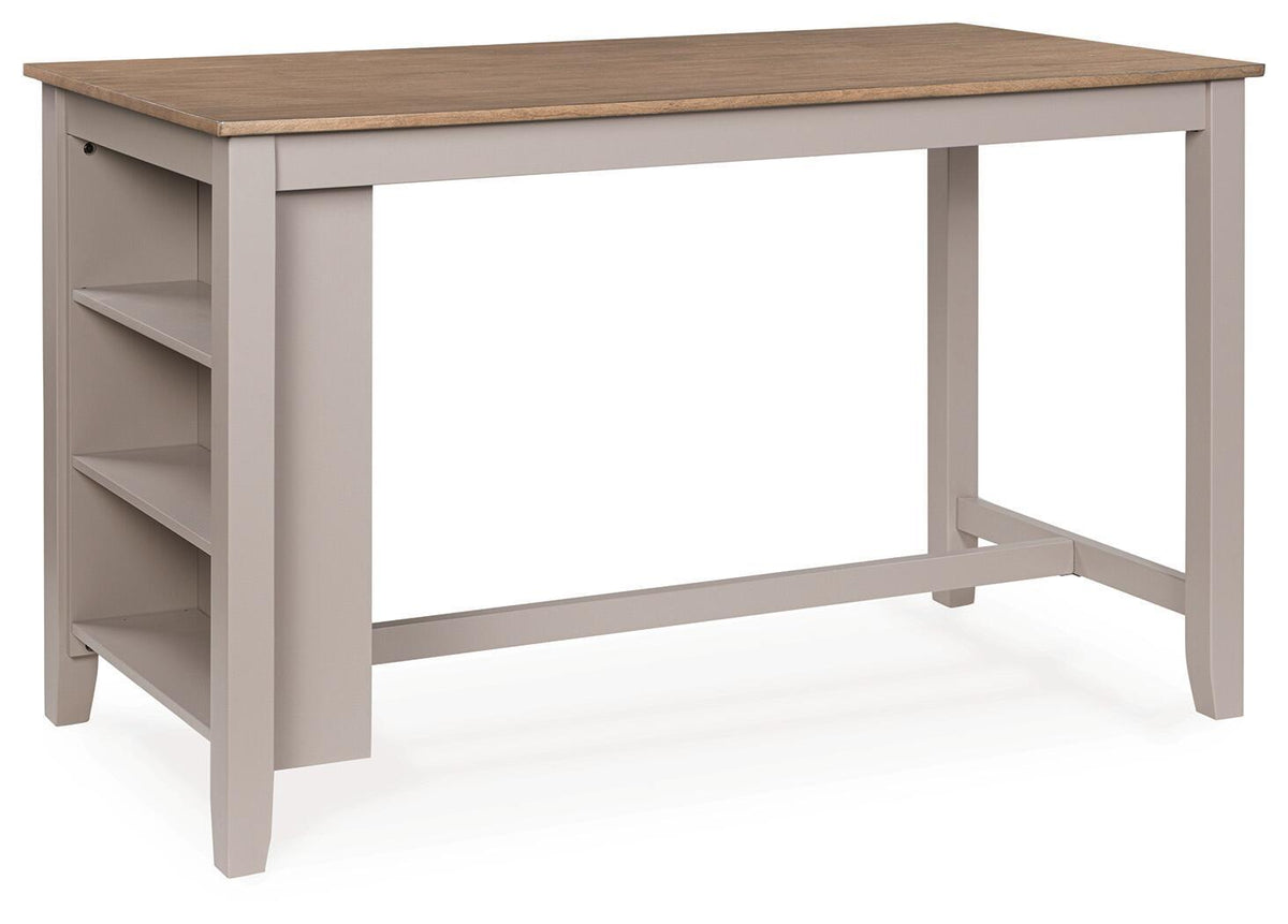 Rectangular dining table with light wood top, gray open shelf side panels