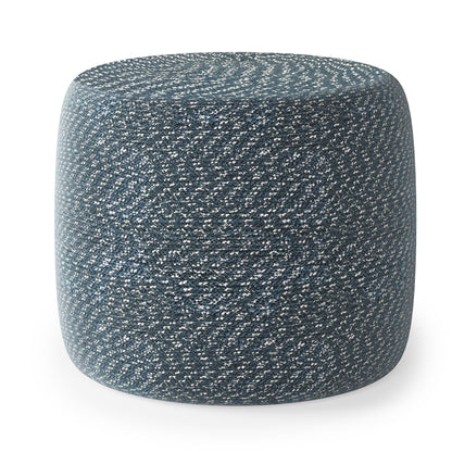 Blue and white speckled braided round pouf with textured woven surface