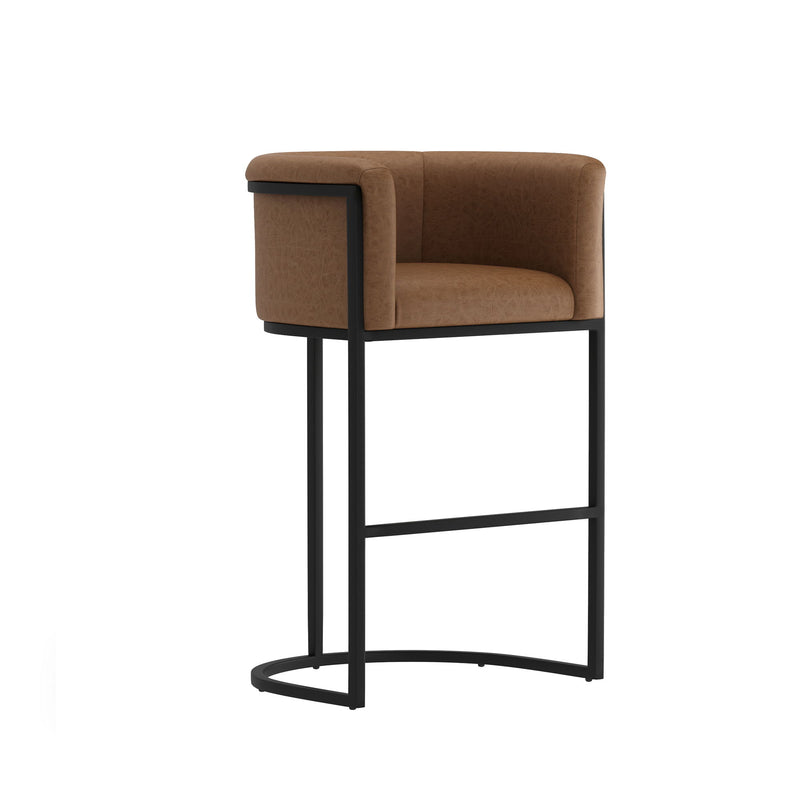Brown upholstered barstool with black metal frame and curved footrest
