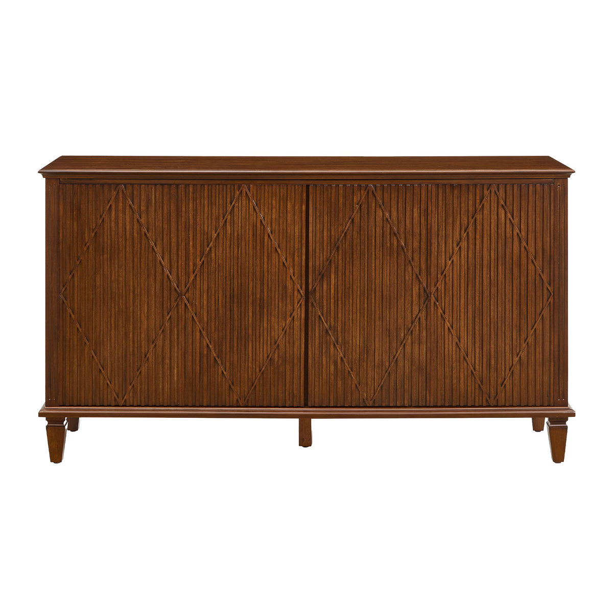 Walnut TV stand with carved geometric doors and tapered legs