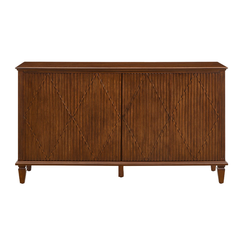 Walnut TV stand with carved geometric doors and tapered legs
