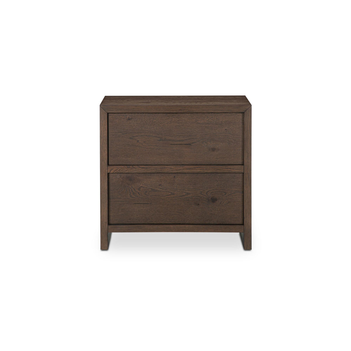Brown wooden nightstand with two drawers and straight angled legs