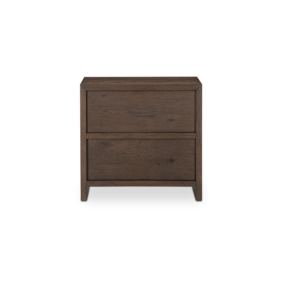 Brown wooden nightstand with two drawers and straight angled legs