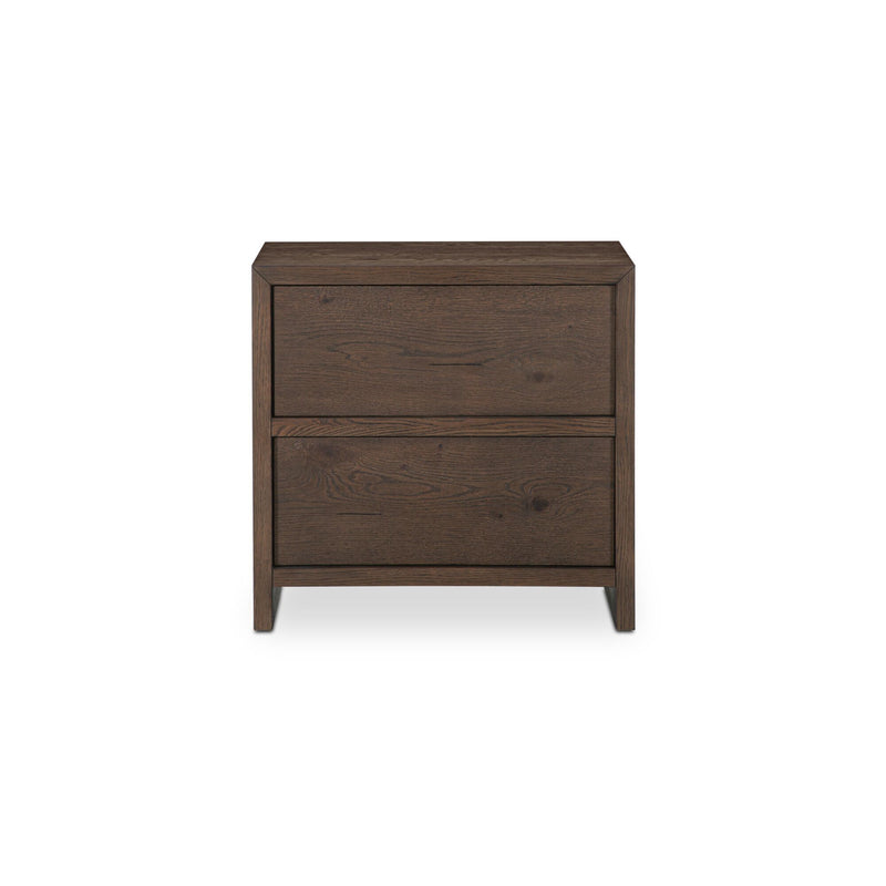 Brown wooden nightstand with two drawers and straight angled legs