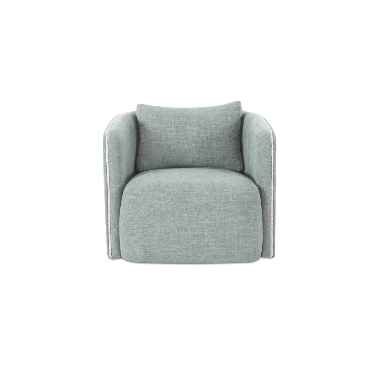 Light blue fabric accent chair, front view with thick padded seat and arms