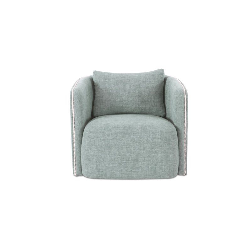 Light blue fabric accent chair, front view with thick padded seat and arms