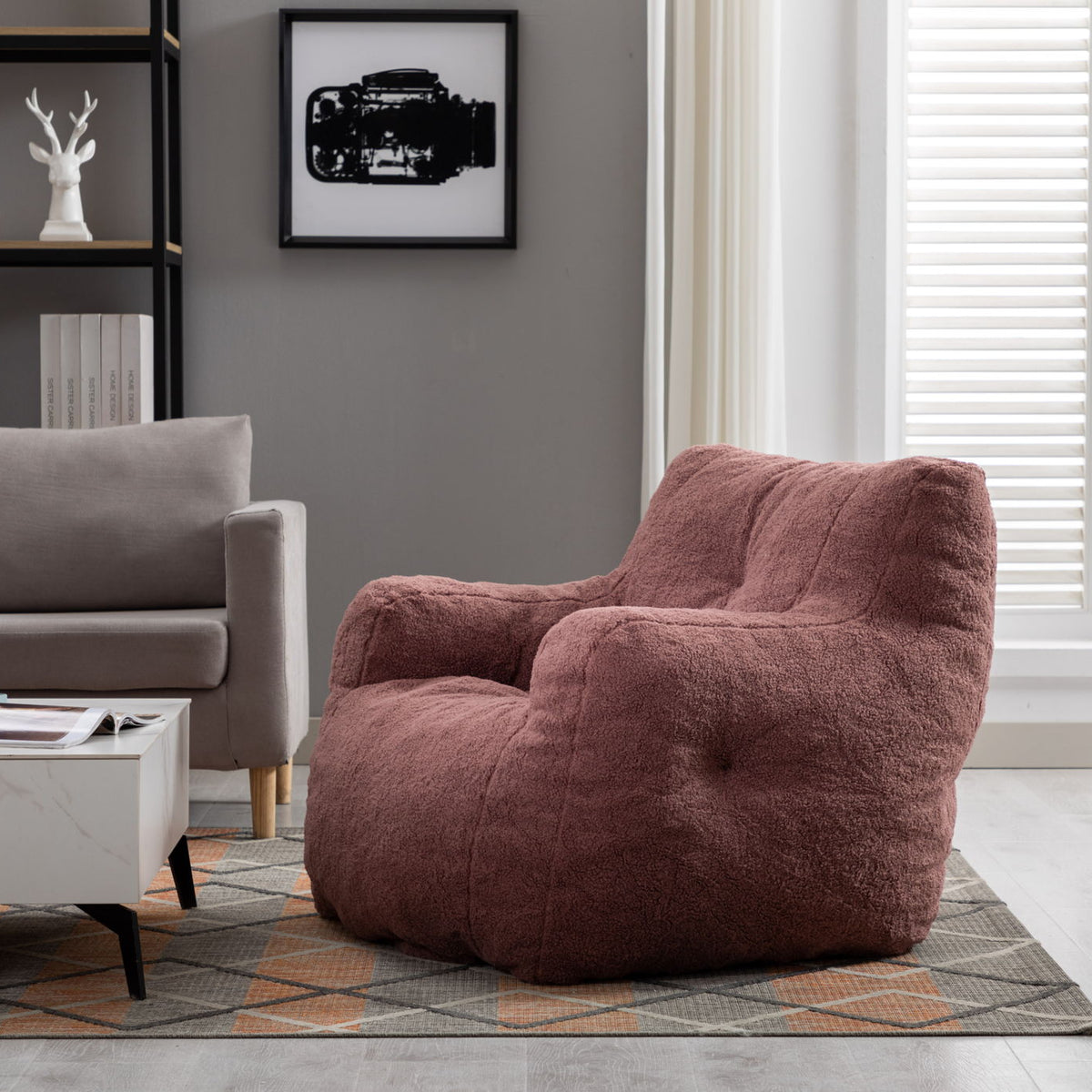 Soft Teddy Fabric Tufted Foam Bean Bag Chair With Teddy Fabric