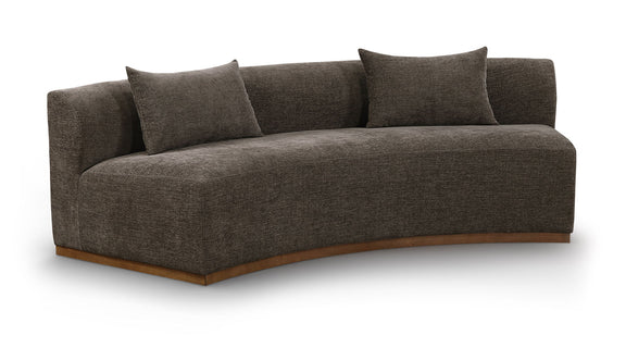 104-inch chenille upholstered sofa in dark brown fabric with three back cushions and dark base.
