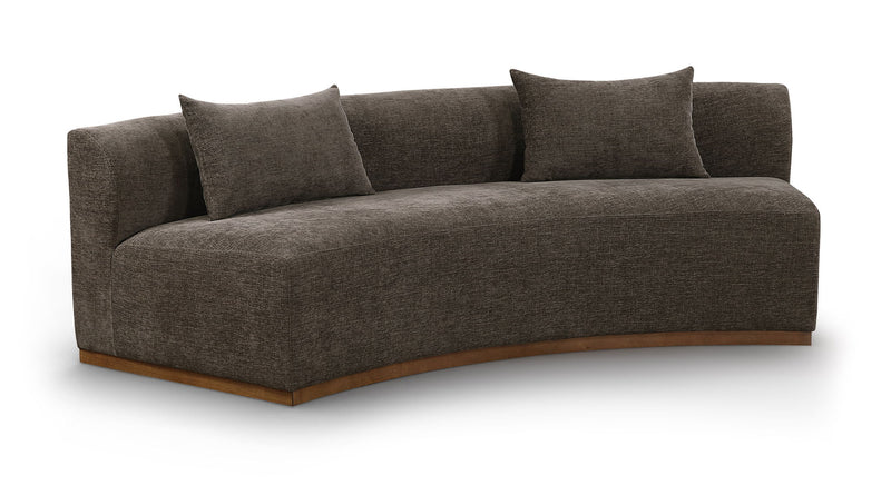 104-inch chenille upholstered sofa in dark brown fabric with three back cushions and dark base.