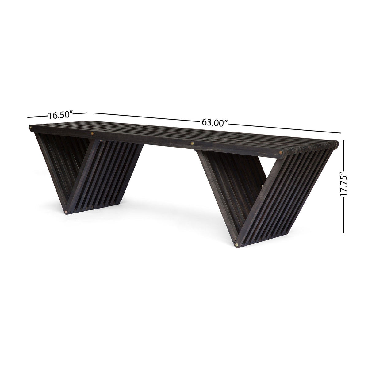 Dark gray slatted bench, 63.00 in long; 17.75 in high; 16.50 in wide