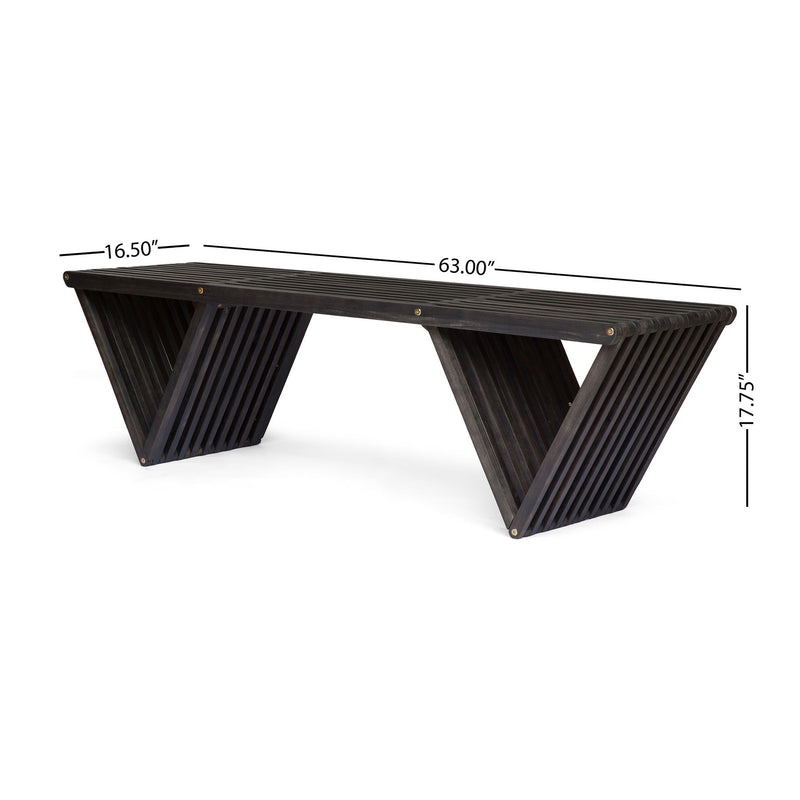 Dark gray slatted bench, 63.00 in long; 17.75 in high; 16.50 in wide
