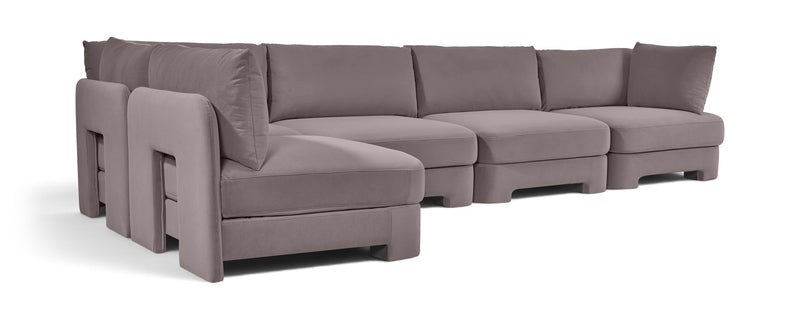 Medium gray velvet performance sectional sofa, 5-piece L-shape with chaise end