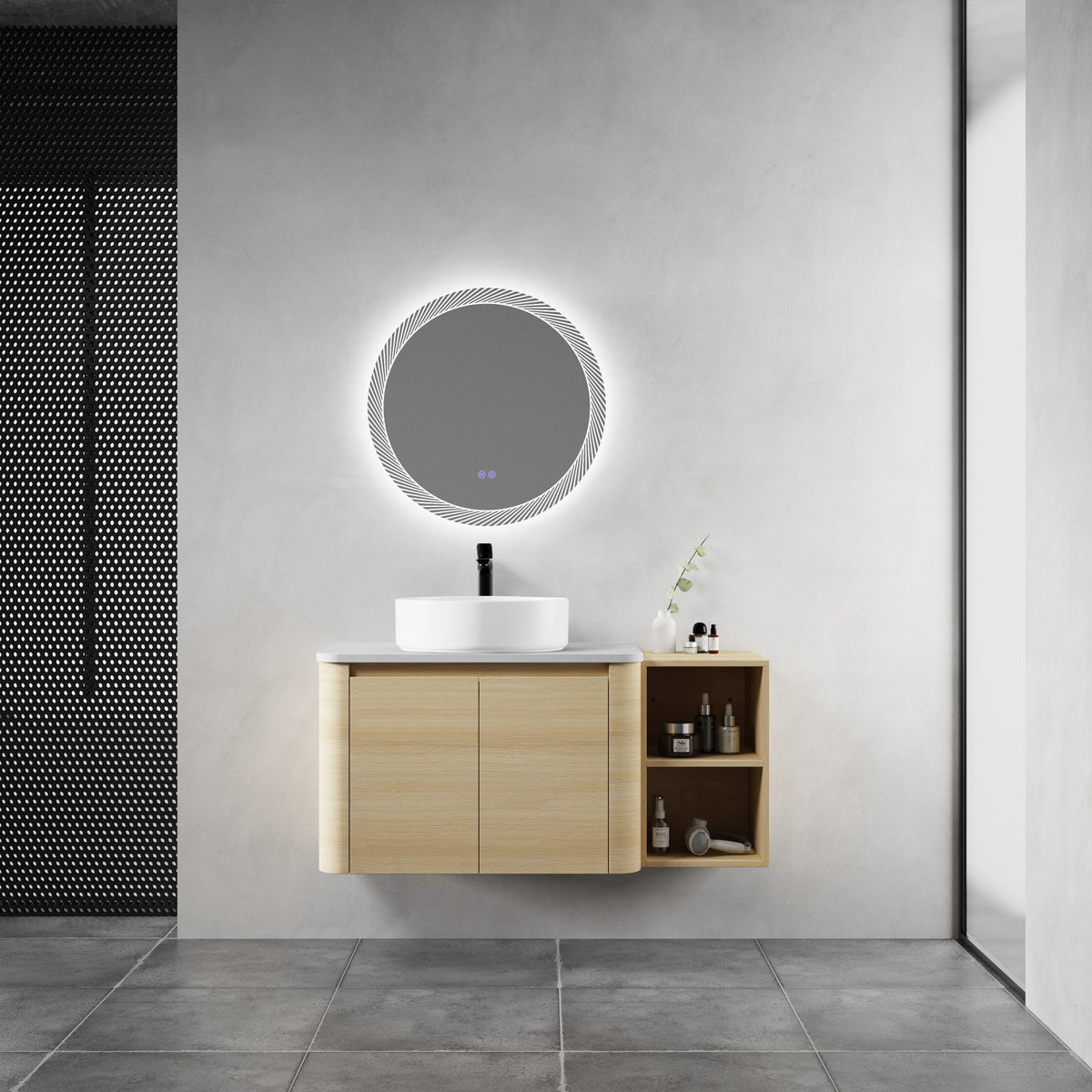 Bathroom vanity with white vessel sink, light-wood cabinet, and right open storage shelf.