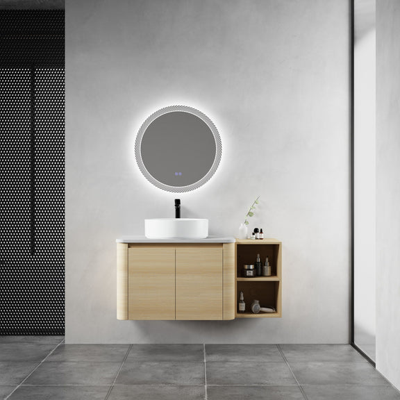 Bathroom vanity with white vessel sink, light-wood cabinet, and right open storage shelf.