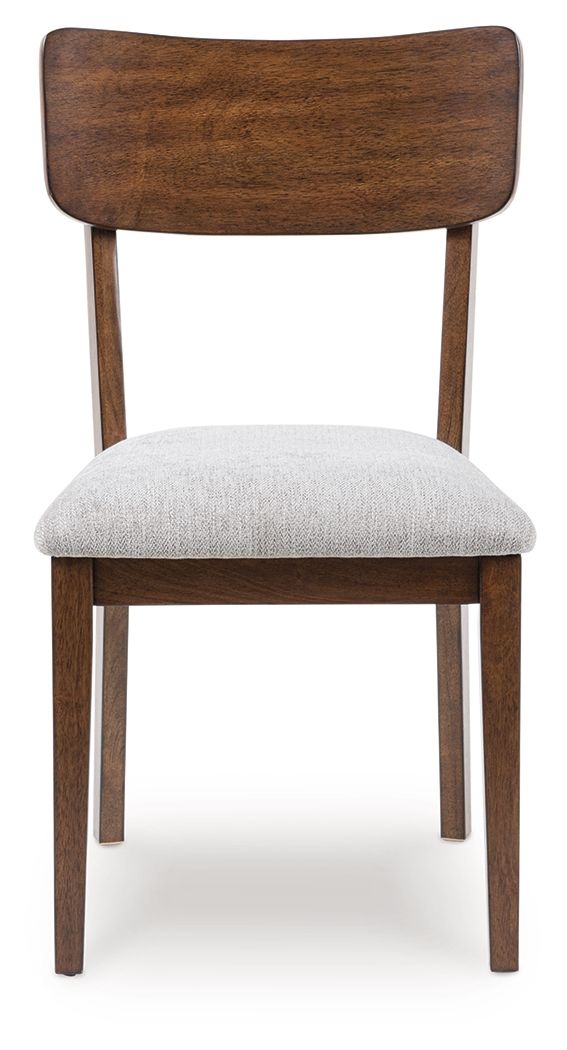 Wooden dining chair with brown curved back and light gray upholstered seat