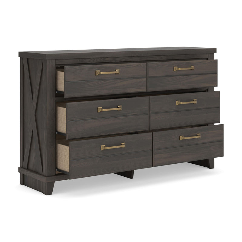 Dark brown six-drawer dresser with all drawers open, showing light-colored interiors