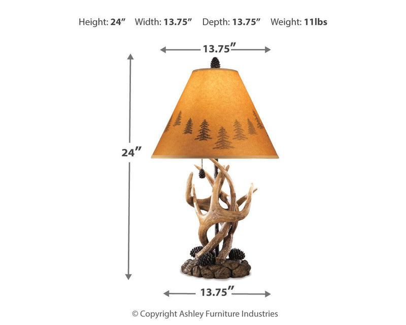 Table lamp set size diagram showing 24 in height and pine-pattern amber shade