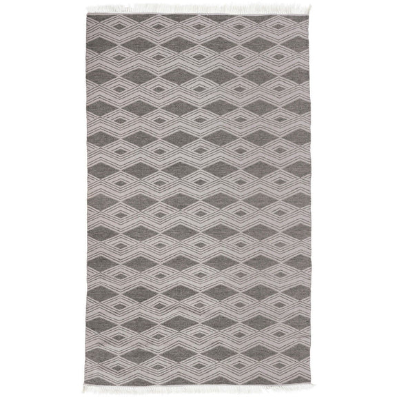 Banning indoor/outdoor rug, pebble gray with repeating diamond chevron pattern and fringe