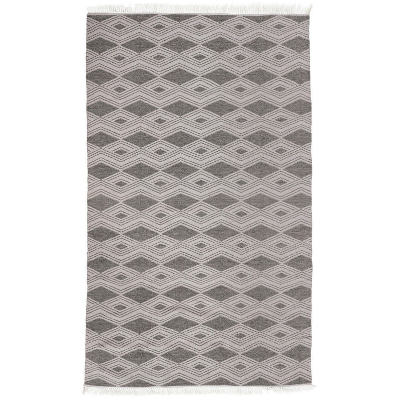 Banning indoor/outdoor rug, pebble gray with repeating diamond chevron pattern and fringe