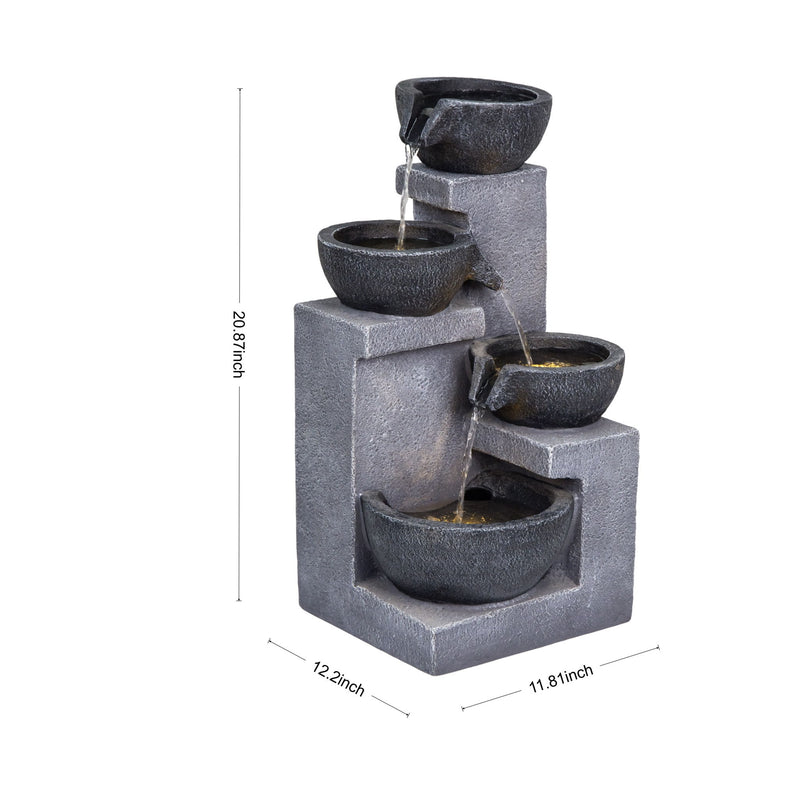 Gray four-tier cascading fountain, shown with height and base dimensions.