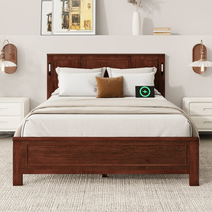 Queen-size wooden bed with tall panel headboard, walnut finish