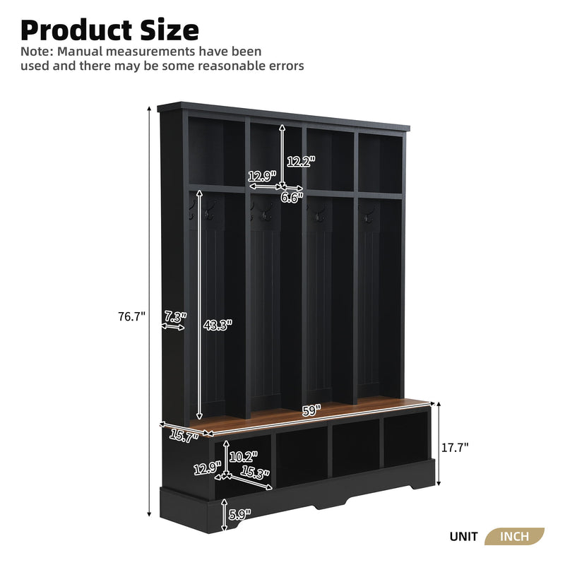 Black hall tree bench size view with 8 hooks and open storage compartments.