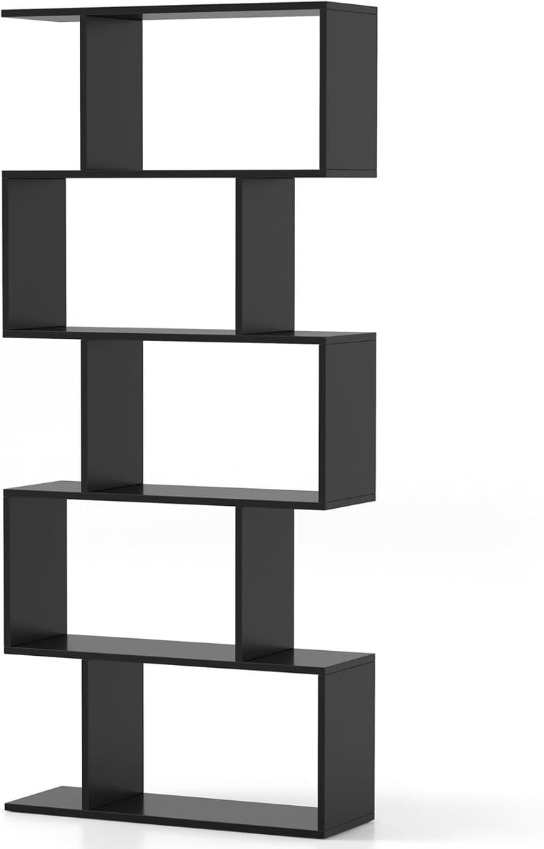 Black 5-tier bookshelf with open square cubby shelves, standalone storage unit.