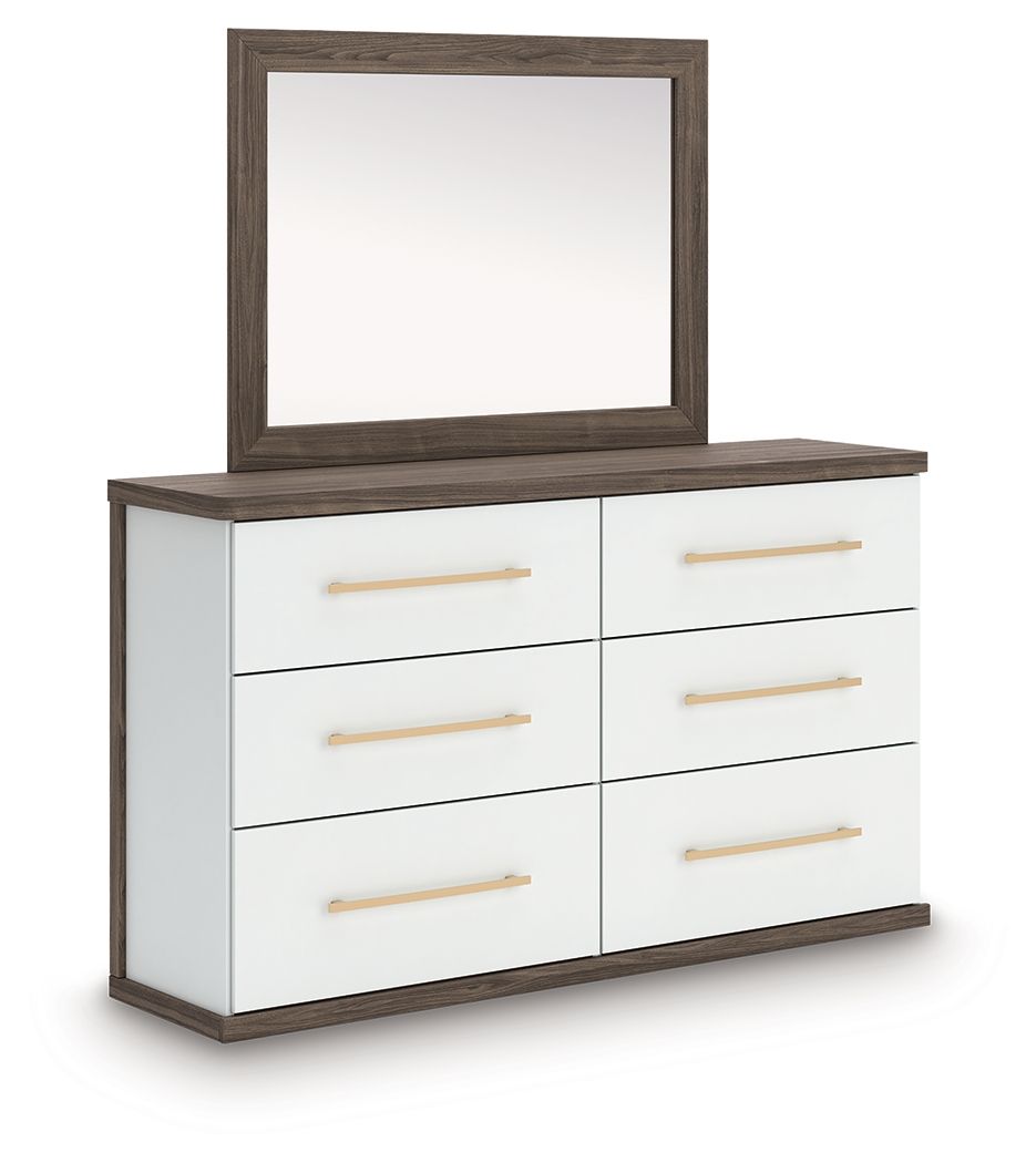 Dresser with mirror, white drawer fronts, dark wood sides, gold bar pulls