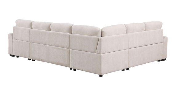 Light gray upholstered corner sectional sofa with square arms and low black legs
