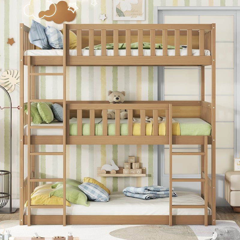 Twin Size Triple Rubber Wood Bunk Bed, with Ladders, Guardrails Detachable Bunk Bed, Twin over Twin over Twin, Natural