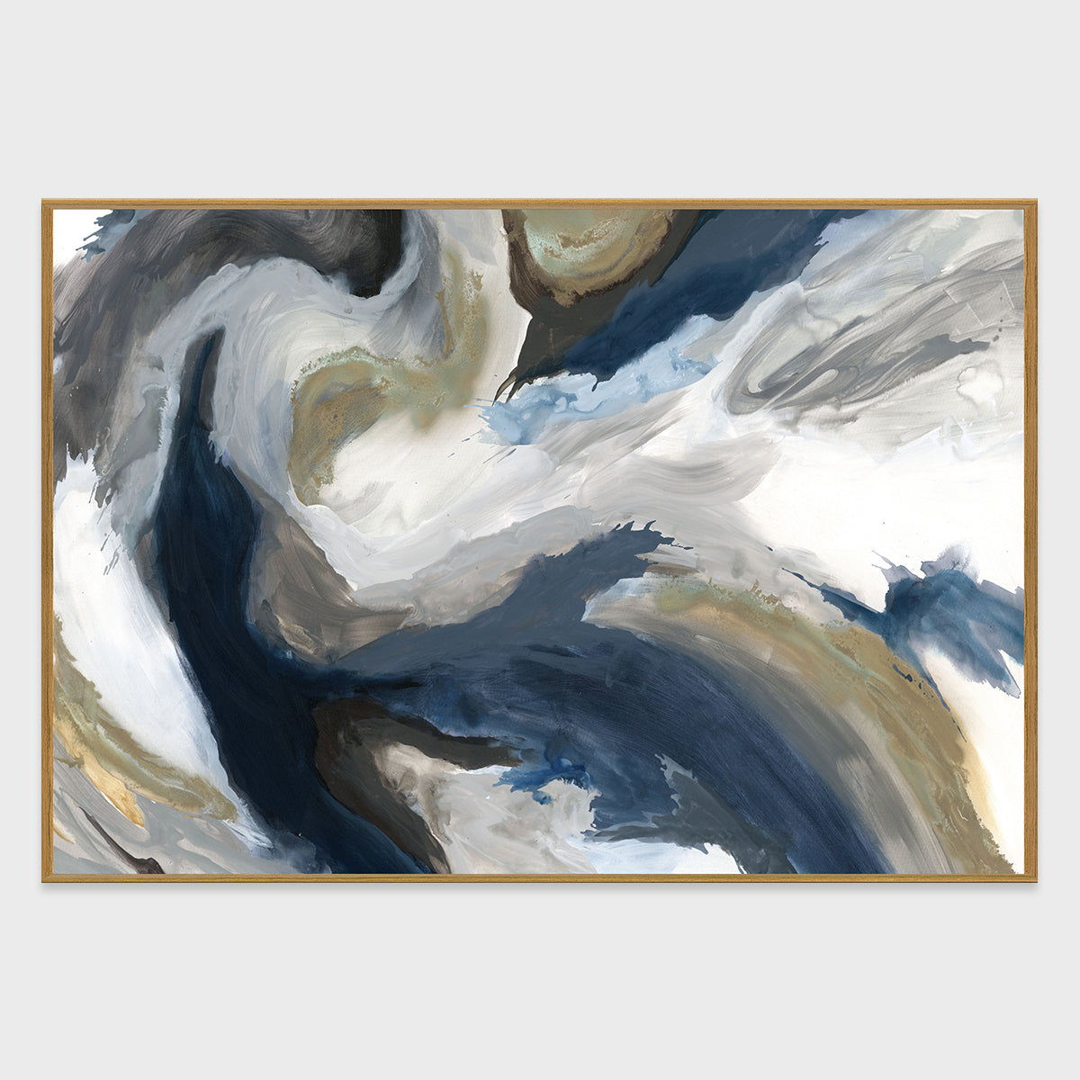 Abstract painting with layered dark blue and white strokes, gold frame