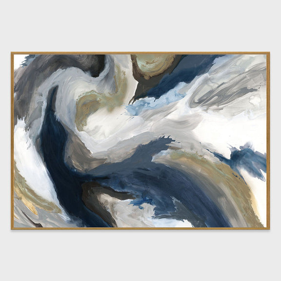 Abstract painting with layered dark blue and white strokes, gold frame