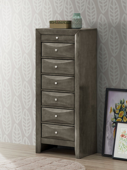 Dark gray lingerie chest with seven drawers and round silver knobs