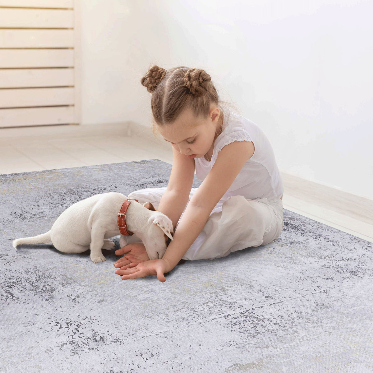 Light gray washable runner rug with distressed, speckled look across the surface