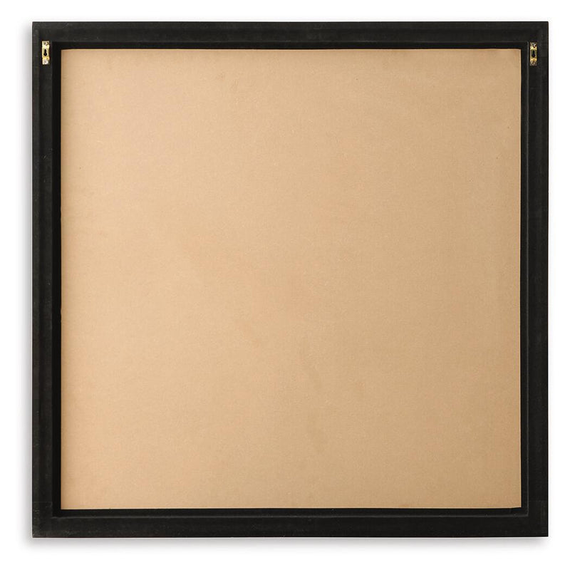 Square framed wall art backing with black frame and gold corner hardware