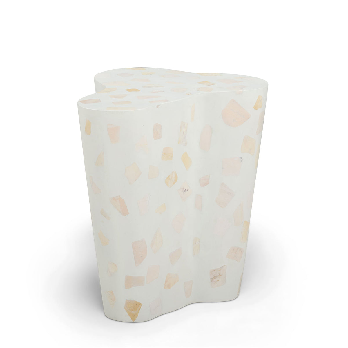 Light beige terrazzo-pattern side table with rounded rectangular form