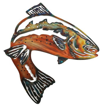 Decorative metal fish wall plaque with orange, blue, and black scales design