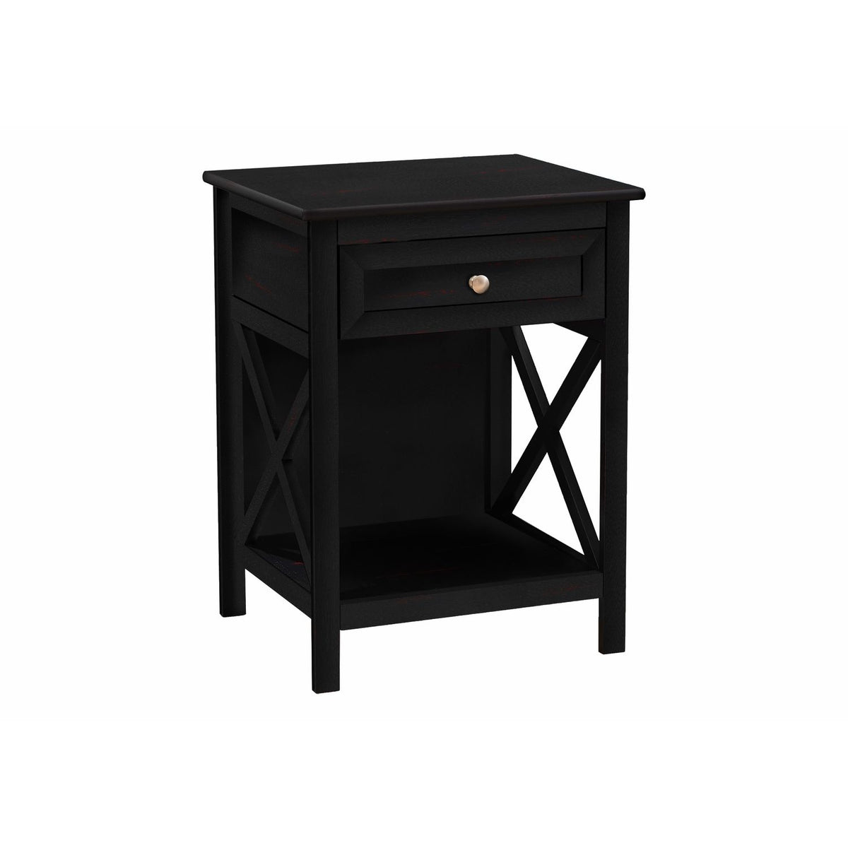 Black 2-tier accent end table with storage drawer and open lower shelf.