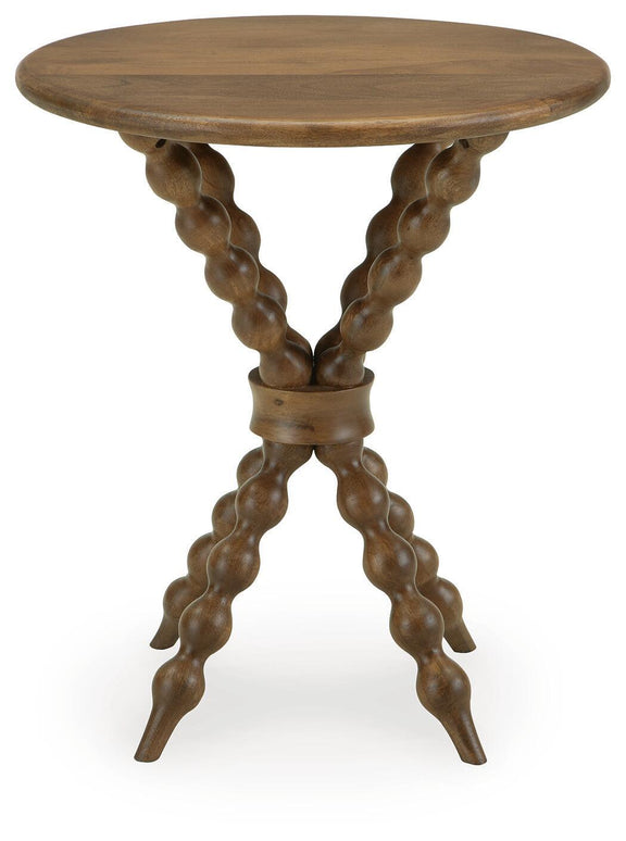 Light brown round accent table with carved trestle legs