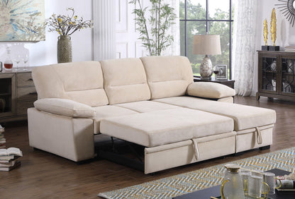 Beige reversible sleeper sectional sofa with chaise and fold-out bed, padded arms.