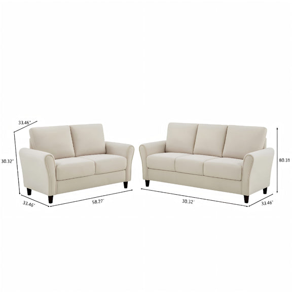 Beige 2-piece sofa set with loveseat and sofa, upholstered arms, short dark legs